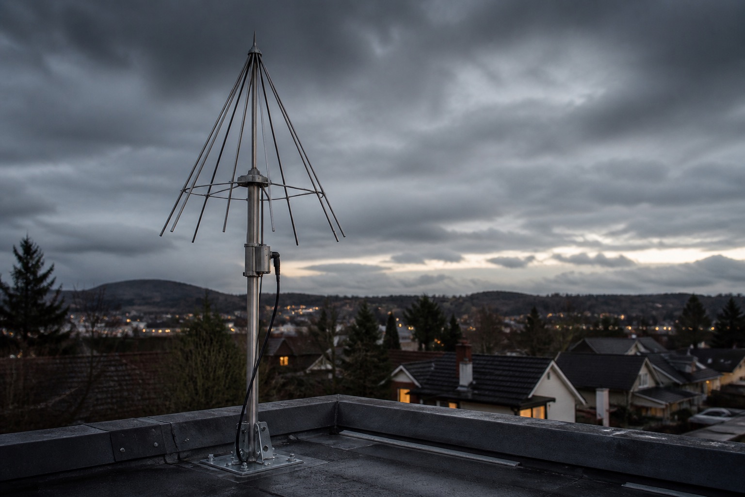 Generated illustration of a rooftop wideband scanner antenna on a short mast