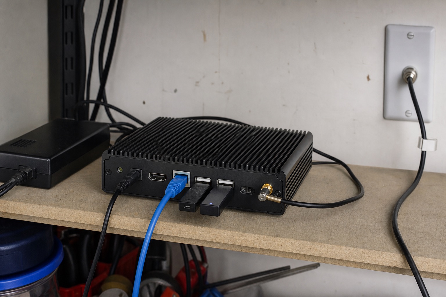 Generated illustration of a small always-on PC on a shelf with USB radio dongles and Ethernet