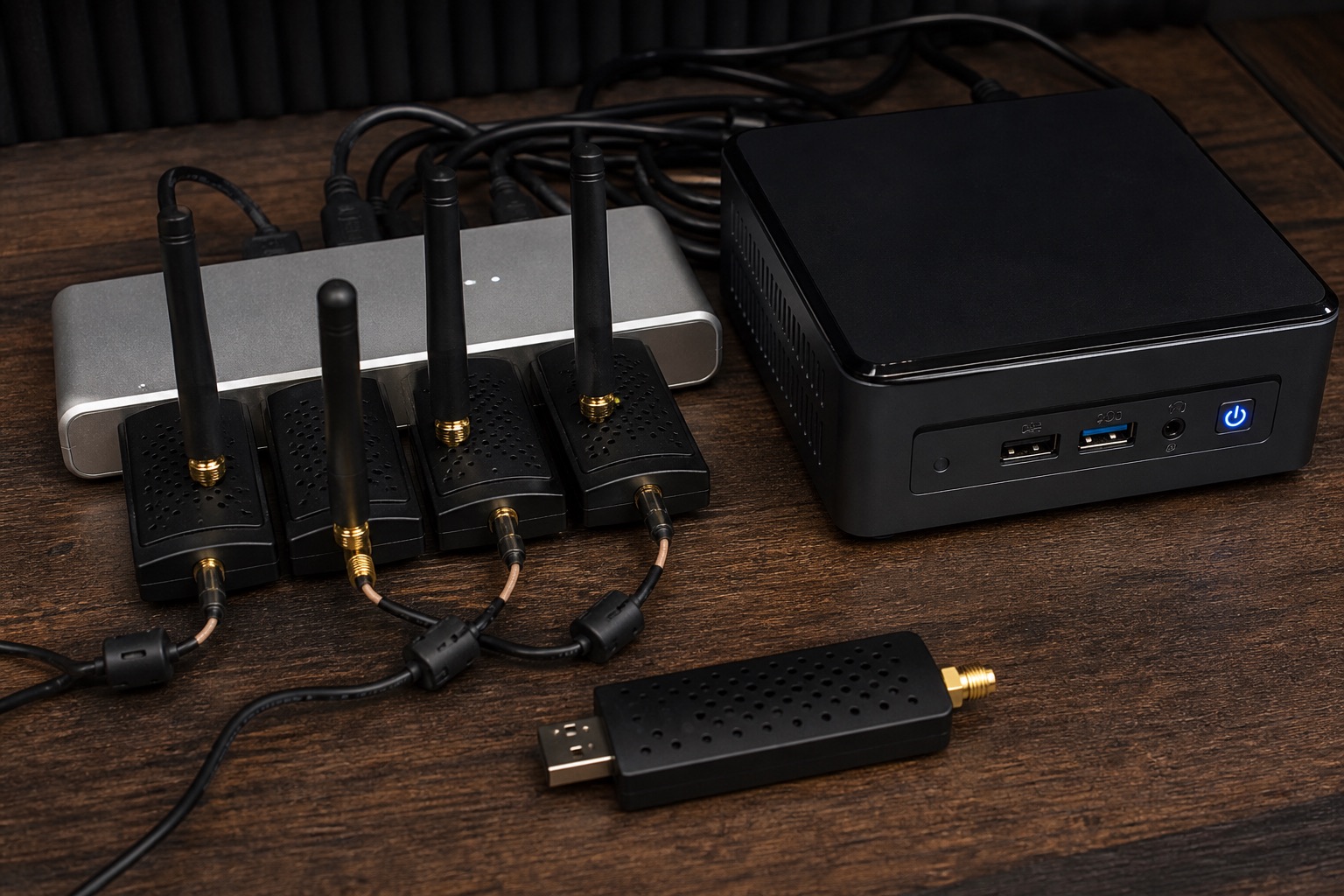 Generated illustration of generic USB software-defined radio dongles next to a small computer