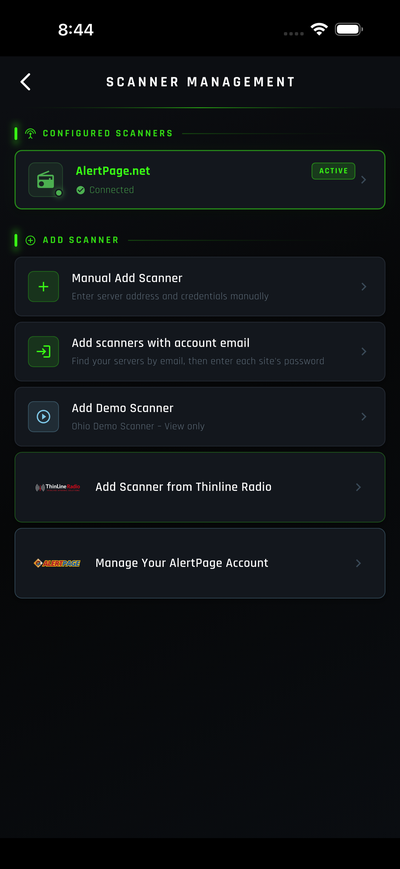 Scanner Management — configured scanners