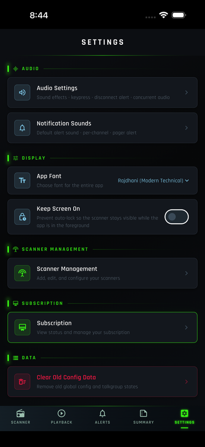 Settings screen with Scanner Management
