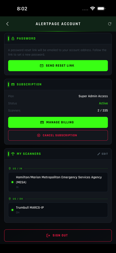AlertPage Account — manage billing, password, and scanners