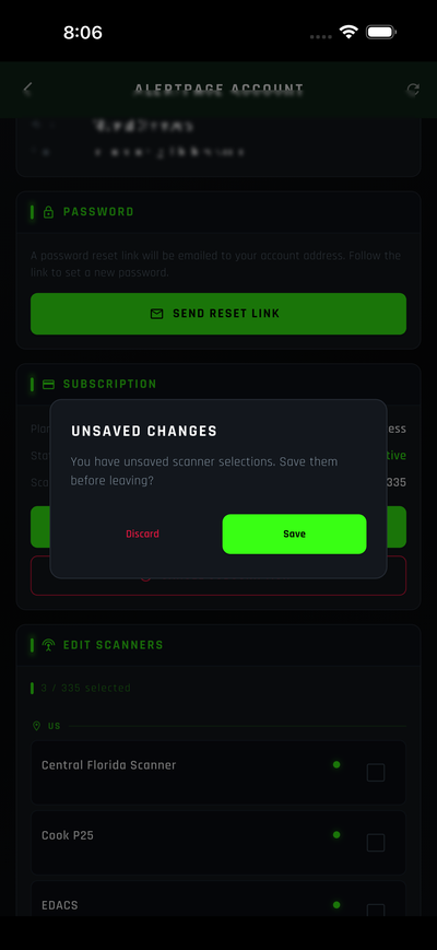 AlertPage Account — unsaved changes save prompt