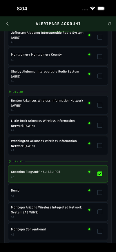 AlertPage Account — select your scanners