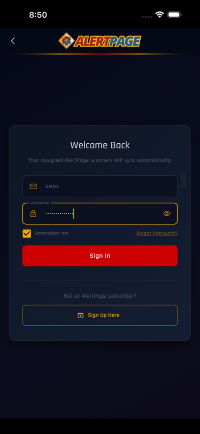 AlertPage sign-in — enter email and password, check Remember me
